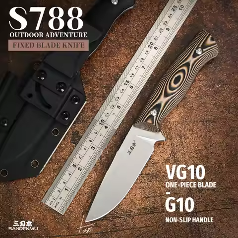 SANRENMU S788 Outdoor Fixed Blade Knife VG10 Blade multi-use Sheath Camping Hunting Wilderness Survi