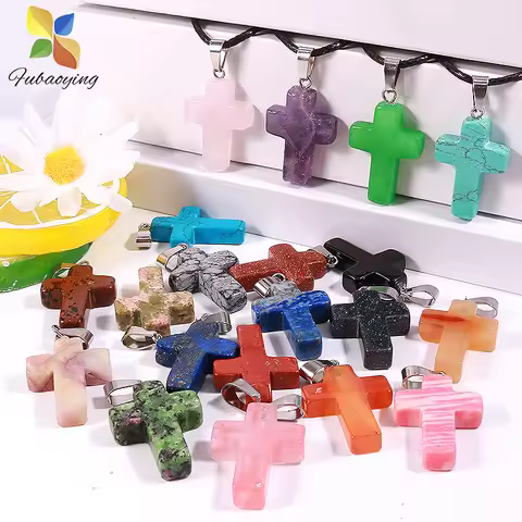 12pcs Wholesale Natural Stone Quartz Crystal Opalite Unakite Agate Trendy Charms Cross Necklace Pend