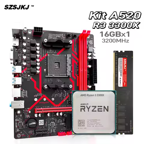 SZSJKJ A520 Motherboard Set Support TPM2.0 With AMD Ryzen R3 3300X CPU DDR4 16G RAM Memory Desktop C