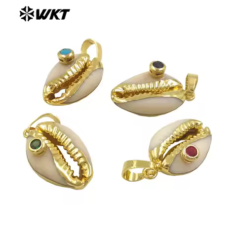 WT-JP141 Natural Cowrie Shell Pendant With CZ Bead Charm Colorful Gold Electroplated For Women Daily