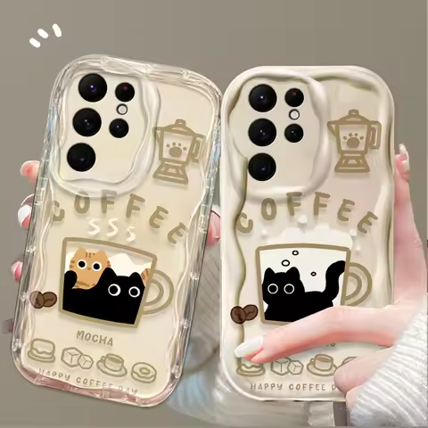 Lovely Coffee Cat Clear Phone Case For Samsung Galaxy S25 S24 Ultra S23 S22 S21 Plus FE A56 A36 A26 