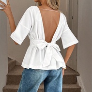 Women's Sexy Solid Color Tie-Back Halter Blouse, Summer Open Back Top Tie Back Top Backless Shirt Wh