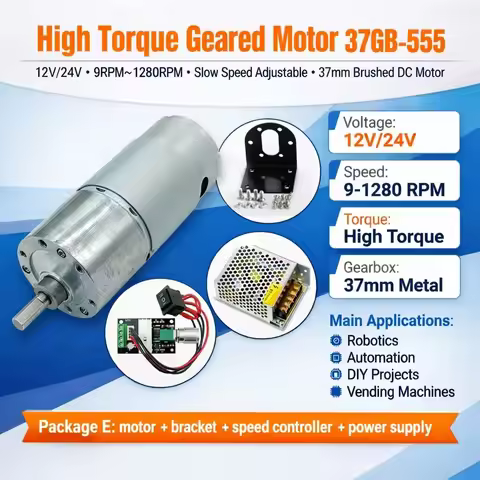High Torque Geared Motor 37GB-555 12V24V 555 DC Motor 9RPM~1280RPM Slow Speed Adjustable 37mm Brushe