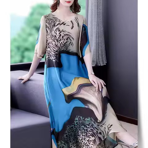 Spring Autumn Oversized Fashion Printing Round Neck Loose Casual Dress Female 3/4 Sleeve Midi Robe D