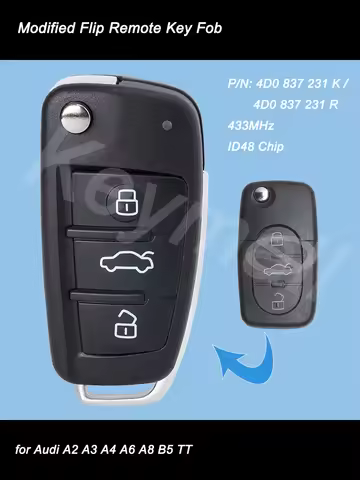 KEYECU Upgraded Flip Remote Car Key Fob 3 Buttons 433MHz ID48 Chip for Audi A2 A3 A4 A6 A8 B5 TT 4D0