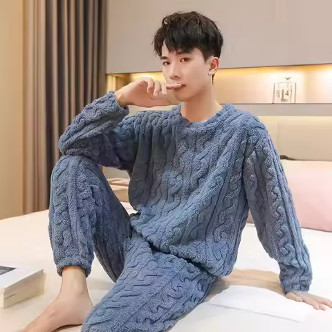 Autumn-Winter Thermal Pyjamas Jacquard Soft Cotton Flannel Warm Set 2025 Unisex Thickened Thermal Co