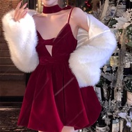 New Year Red Velvet Dress Female Birthday Suspenders Puff Princess Dress