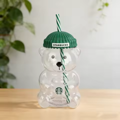 Starbucks Bearista Bear 20oz Cold Water Cup Green Lid Straw Glass Tumbler Home Gift