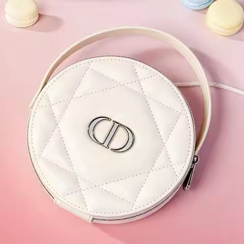 Christian Dior Dior’s Bag Luxury Apricot Round Handheld Makeup Organizer Pouch With Zipper & Built-i
