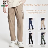 Yooka Lelaki Cargo Seluar dengan 6 Poket Khaki Straight Cut Korean Cargo Pants men's casual Wide Leg