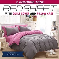 [ SG Local Seller ] Luxury Reversible 2 Colours Tone Design Fitted Bedsheet With Quilt Cover Set T18