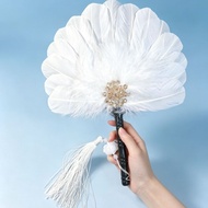 Feather Fan Handmade Wooden Fan Bone Feather Fan Chinese Craft Fan Feather Fan Old-fashioned White C