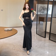 Nightclub Health Club Club Work Clothes Sexy Slanted Shoulder Sling Ruffled Dress Long Skirt Evening