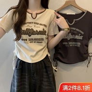 顯瘦 抽繩 上衣女韓版 ins 潮 大碼女裝上衣新款韩版 快速出货大码女装短袖T恤女2025年夏季新款美式复古甜辣收腰显瘦抽绳上衣 Fast Shipping Plus Size Women's Sh