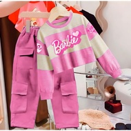 Setelan baju anak perempuan motif cargo berbie strip Baju cewek anak lengan panjang baju kaos anak p