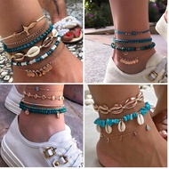docona Bohemia Blue Broken Stone Shell Adjustable Anklet Set for Women Multilayer Seed Beads Female Summer Beach Party Jewelry
