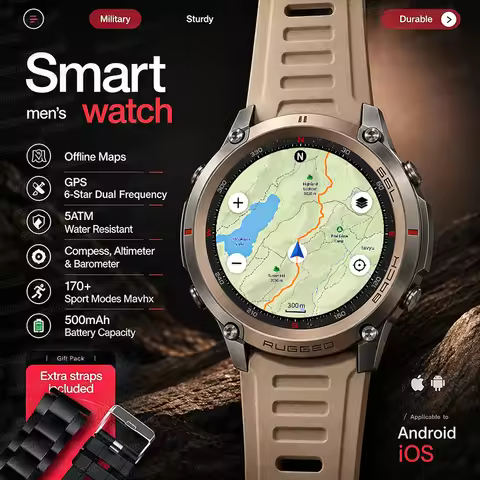 2026 New Google Maps Smart Watch GPS Route Tracking Offline Map Compass Fitness Tracker BT Call Rugg