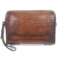 成色極佳 ▼BERLUTI 玫瑰木拉鍊手拿包，威尼斯小牛皮，書法圖案，配肩帶，備用包，ブラウン，帶防塵袋，意大利製造，男士