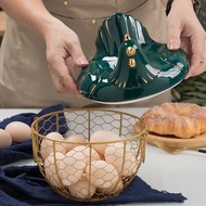 ♞Large Stainless Steel Mesh Wire Egg Storage Basket with Ceramic Farm Chicken Top and Handles