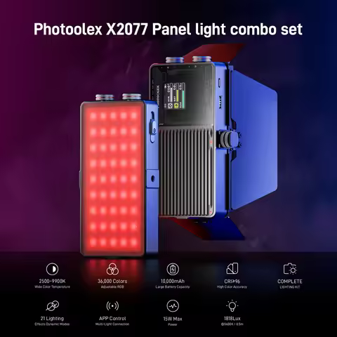 PHOTOOLEX X2077 Pocket RGB Color LED Light Photography Panel Video Light 2500K-9900K 10000mAh Batter