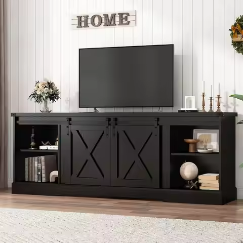 Farmhouse TV Stand for 70/75/80 Inch TV, 70 inch Entertainment Center Storage Cabinets with Sliding