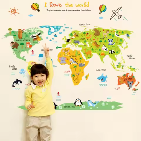 Cartoon Animal Tribe Map Wall Decals Children Education Puzzle Game Know World Vinyl Stickers DIY Ho