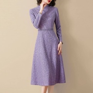 Top Violet Lace Dress 2023ฤดูใบไม้ร่วงใหม่สไตล์หรูหราแฟชั่น Stand Collar Dress Retro แขนยาวเข่าความย