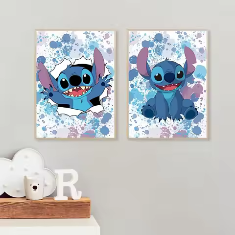 Disney Watercolor Liloand Stitch Painting Art Print, Stitch Ohana Poster Canvas Wall Art Boys Room G