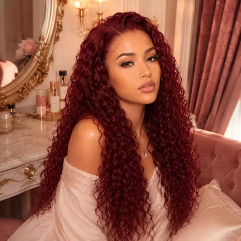 13x4 Lace Front Jerry Curly Human Hair Wigs for Women, 99J Burgundy Dark Red Glueless Wig with Pre-P