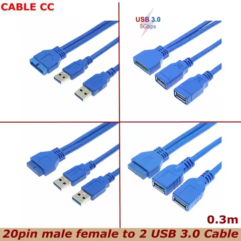 0.3m New Desktop Computer USB 3.0 20Pin to 2 USB Male Female Cable Connector For Asus P7P55/USB3 Gig
