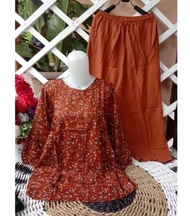 SETELAN WANITA TERBARU MOTIF BUNGA COMBI CELANA POLOS BAHAN KAIN RAYON TWILL KEKINIAN