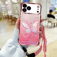 Dance Butterfly Phone Case with Rose 2-in-1 Crossbody Lanyard Wristband For i Phone 17 Pro Max For i