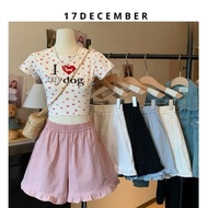 Women's soft and cool khaki ruffle shorts 17Dec-838, cute shorts with elastic waistband