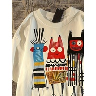 Kemeja lengan pendek longgar bercorak badut kartun labuh sederhana, baju kasual musim panas gaya Y2K