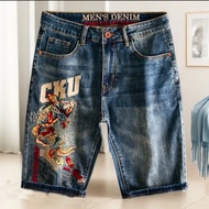 Jeans Shorts Men Ripped ins High Street Men Street Wear Stretch Slim-fit Koi Embroidered Five-point 