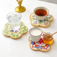 RI 1 Set DIY Mosaic Tile Coaster Set Mixed Color Mosaic Kit with Wooden Coaster Kids Adults Handmade