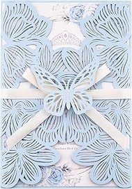 50PCS Dusty Blue Butterfly Wedding Invitations Kit 4.88x7.09'' Laser Cut Invitations Pocket with Bla