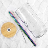 ✗2Set Glass Mason Jar Lids with Straw Eco-friendly Reusable Glasses Cup with Bamboo Lids Wide Mouth