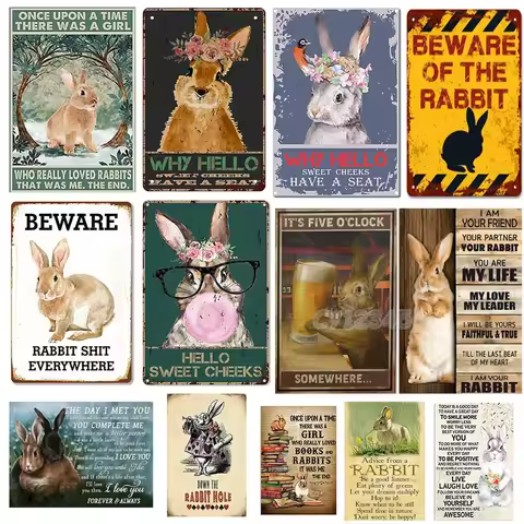 Funny Metal Bunny Tin Sign Beware of The Rabbit | Bunny Lover | Rabbit Sign Vintage Effect Plaque fo