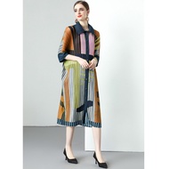 OVA VOGUE❤พิมพ์พิเศษ❤ชุดผู้หญิงแบบจับจีบ Miyake แขนค้างคาวระดับไฮเอนด์สำหรับผู้หญิงชุดเดรสยาวคอปกแบบ