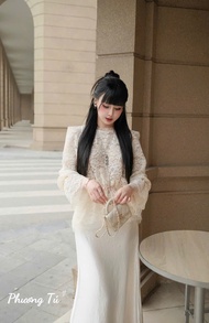 Set áo ren hoa full lót tay dài & chân váy đuôi cá lụa Latin chuẩn dáng