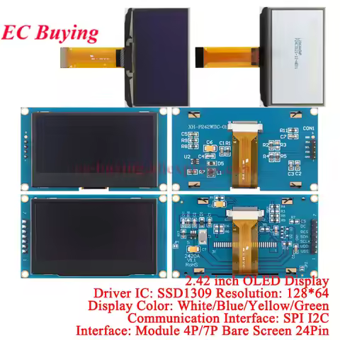 2.42 inch OLED Display LCD Screen Module 2.42" Resolution 12864 128x64 IIC/SPI SSD1309 Driver 4Pin 7