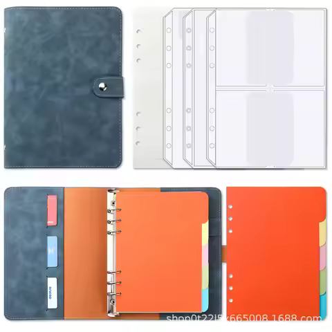 A5 Size Binder Refillable Planner Notebook 6 Ring PU Leather Binder Journal with 3 Pockets, 5 Divide