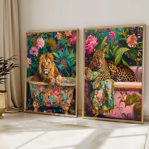 1/2pcs Bohe Lion in A Bathtub Canvas Print Poster Modern Colorful Dopamine Art Prints Bathroom Wall