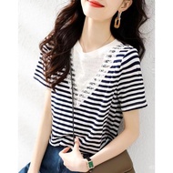 Women's Short Sleeve Striped Top, Lace Stitching Design Elegant Casual Simple Fashion Korean Style Striped T-shirt