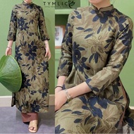 Premium Linen Traditional Ao Dai with Floral Pattern and Moss Background AD536 TYMLIC (Pants not inc
