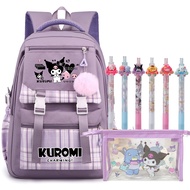 Kuromi ลาย3D กระเป๋านักเรียนเด็กกระเป๋าสะพายรองรับกระดูกกระเป๋านักเรียนพร้อมปากกาหมึกเจลกล่องดินสอ Kuromi 6ชิ้น