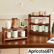 【Ready stock】Solid wood desktop multi-layer storage rack cup rack tea set coffee cup kitchen storage