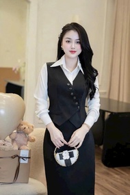 Set váy 3 món công sở chất tuyết mưa cao cấp dáng gile kèm áo sơ mi lụa chân váy bút chì cực sang tr