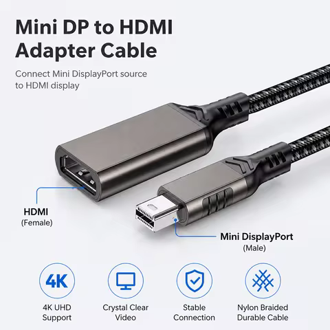 UGOjP Braided 4K Mini DisplayPort to HDMI Cable Adapter Mini DP Male to HDMI Female Video Converter 